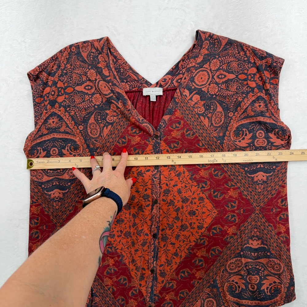 Lucky Brand Plus 1X Boho Top Button Front Cap Sleeve Paisley Medallion Peasant - Picture 9 of 12